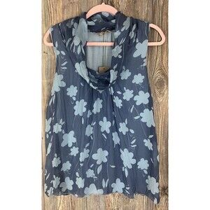 Carla Conti Womens XL Blue Floral‎ Silk Top Blouse Cowl Neck Feminine Coquette